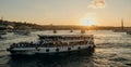 Tourist ship sails on the Golden Horn, scenic sunny beautiful waterfront of Istanbul city at sunset in summer