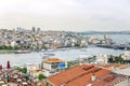 Istanbul, Turkey, 05.24.2019: Beautiful view of the roofs of houses in the large eastern city and the Bosphorus.