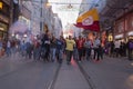 ISTANBUL / TURKEY - 30/05/2015: big crowd of Galatasaray S.K. football team fans marching with banners, flags, flares on Istiklal