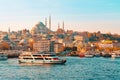 23.10.2019 Istanbul, Turkey. Cruise pleasure ship sails on the sea. In the background there is a horizon and a view of the city.