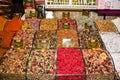 Istanbul, Turkey, 20.12.2019: Grand Bazaar varied produce fr sale: spices, condiments, teas