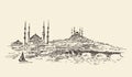 Istanbul, Turkey, Harbor, Vintage Engraved Sketch