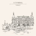 Istanbul, Turkey. Haydarpasa train station and dock. Hand drawn tourist attraction, beautiful old architecture. Travel sketch of a