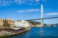 Bosporus Bridge, Esma Sultan Mansion, and Beltash Cafe, Ortakoy, Istanbul, Turkey Royalty Free Stock Photo