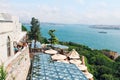 Cafe terrace and Bosporus at Topkapi Palace in Istanbul, Turkey