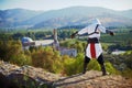 Istanbul, Turkey - 12 July 2015: Cosplay festival in Turkey, actor posing near medieval castle assassins creed concept