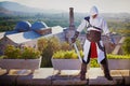 Istanbul, Turkey - 12 July 2015: Cosplay festival in Turkey, actor posing near medieval castle assassins creed concept