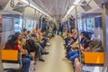 ISTANBUL, TURKEY - JULY 22, 2019: Interior of a metro train in Istanbul, Turk Royalty Free Stock Photo