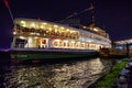 ISTANBUL, TURKEY - JULY 05, 2018: Night view of the old historic cruise vessel Ahmet Hulusi Yildirim (built in 1974) Royalty Free Stock Photo