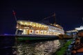 ISTANBUL, TURKEY - JULY 05, 2018: Night view of the old historic cruise vessel Ahmet Hulusi Yildirim built in 1974 on the Royalty Free Stock Photo