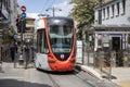 Tram line running between istanbul Eminonu and Sultanahmet districts and people walking around with masks under the Covid-19 rules Royalty Free Stock Photo