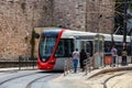 ISTANBUL, TURKEY - JULY 06, 2018: View of the Alstom Citadis 204 tram in center of the Istanbul. The Alstom Citadis is a family of Royalty Free Stock Photo