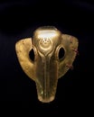 Istanbul, Turkey - June 18 2022: Antique horse helmet made of gold to protect the horse`s face in battle