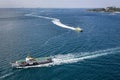 Istanbul, Turkey - June 9, 2013; Istanbul landscape from helicopter. View of City lines ferry Sehir Hatlari Vapuru transporting Royalty Free Stock Photo