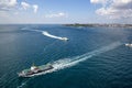 Istanbul, Turkey - June 9, 2013; Istanbul landscape from helicopter. View of City lines ferry Sehir Hatlari Vapuru transporting Royalty Free Stock Photo