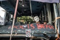 ISTANBUL, TURKEY - JUNE 5, 2013 : Masked Protestor Seats on the Driver Seat of a Destroyed City Bus , after first Protes