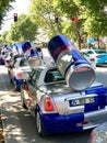 Istanbul, Turkey - June 23, 2019: Red Bull mini cooper publicity car with a can of red bull drink behind at the Red Bull Speed