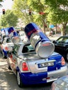 Istanbul, Turkey - June 23, 2019: Red Bull mini cooper publicity car with a can of red bull drink behind at the Red Bull Speed