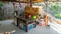 Workshop scene with many tools on the table and board