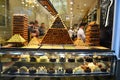 Pyramid of Turkish sweets. Showcase of shop/cafe in Taksim district.