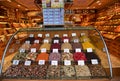 Shopwindow with variety of many spices on turkish market