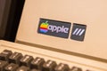 Istanbul, Turkey, March 2019: Closeup old rainbow Apple logo on old Macintosh computer. Rahmi Koc museum