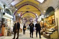 Istanbul, Turkey - March 5, 2021: Inside of famous Grand Bazaar, where sales jewelry,carpet, lamp, leather, ceramic, spices,