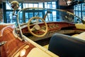 Istanbul, Turkey, 23 March 2019: Interior of vintage motor nautical boat Riva. Steering wheel of classic boat small Royalty Free Stock Photo