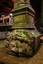 Istanbul, Turkey - March 25, 2019. Upside-down head of Medusa located at northwest edge of the subterranean Basilica