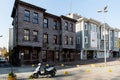 ISTANBUL, TURKEY - MARCH 25, 2023: wooden historic building on Istanbul street home and motorcycle Royalty Free Stock Photo
