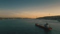 ISTANBUL, TURKEY - MAY 14, 2023. Aerial shot of the Ramus cargo ship moving along the Bosphorus Strait