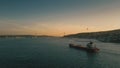 ISTANBUL, TURKEY - MAY 14, 2023. Aerial shot of the Ramus cargo ship moving along the Bosphorus Strait