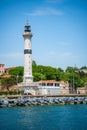 Istanbul, Turkey - May 29, 2022: Ahirkapi Lighthouse is a historical lighthouse still in use, view from Bosporus in