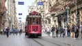 ISTANBUL, TURKEY - MAY, 22, 2019: low angle shot of an approaching taksim-tunel tram istanbul