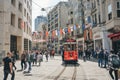 Istanbul, Turkey - May 02, 2023: Nostalgic traditional red tram in Beyoglu. The tram line runs along Istiklal Royalty Free Stock Photo