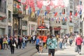 Istanbul, Turkey - May 02, 2023: Nostalgic traditional red tram in Beyoglu. The tram line runs along Istiklal Royalty Free Stock Photo