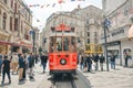 Istanbul, Turkey - May 02, 2023: Nostalgic traditional red tram in Beyoglu. The tram line runs along Istiklal Royalty Free Stock Photo