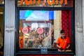 Selective blur on a Turkish young man, kebab master chef preparing food for a Doner kebab sandwich in Istanbul, Turkey Royalty Free Stock Photo