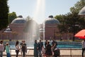 ISTANBUL, TURKEY - MAY 22, 2022: Selective blur on a group of tourists, turks, women wearing a muslim veil and scarf, taking a