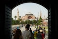 Istanbul, Turkey - May 28, 2019: The way to Hagia Sophia Museum mosque with local people and group tourism at Istanbul, Turkey