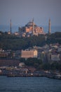 Istanbul, Turkey, Middle East, Hagia Sophia, Ayasofya, mosque, minaret, museum, sunset, aerial view, Bosphorus, Golden Horn Royalty Free Stock Photo