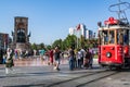 Istanbul, Turkey, Middle East, Taksim Square, cable car, tram, tramway, historic, Republic Monument, Beyoglu, transportation Royalty Free Stock Photo