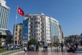 Istanbul, Turkey, Middle East, Taksim Square, flag, cable car, tram, tramway, historic, Republic Monument, Beyoglu, transportation Royalty Free Stock Photo