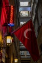 Barber, barber shop, sign, vintage, retro style, Istanbul, Turkey, Middle East, Cicek Pasaji, the Flower Passage, turkish flag Royalty Free Stock Photo