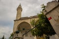 ISTANBUL, TURKEY: Minaret of the mosque close-up. View of Hagia Sophia, Christian patriarchal basilica, imperial mosque and now a