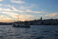 Istanbul (Turkey). Night cruise on the Bosphorus. Golden Horn. Illuminated Galata Bridge. Sunrise