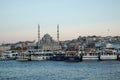 Istanbul (Turkey). Night cruise on the Bosphorus. Golden Horn. Illuminated Galata Bridge. Sunrise Royalty Free Stock Photo