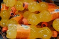 Istanbul, Turkey - November 6, 2019. A lot of Fanta soda water in a basket on a shopping counter at the airport