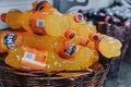 Istanbul, Turkey - November 6, 2019. A lot of Fanta soda water in a basket on a shopping counter at the airport