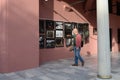 A tourist on the territory of the society for the preservation of ancient monuments in Istanbul looks at a photo exhibition. Turke